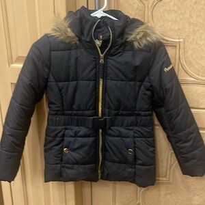 Girls black winter jacket with fur trimmed hood